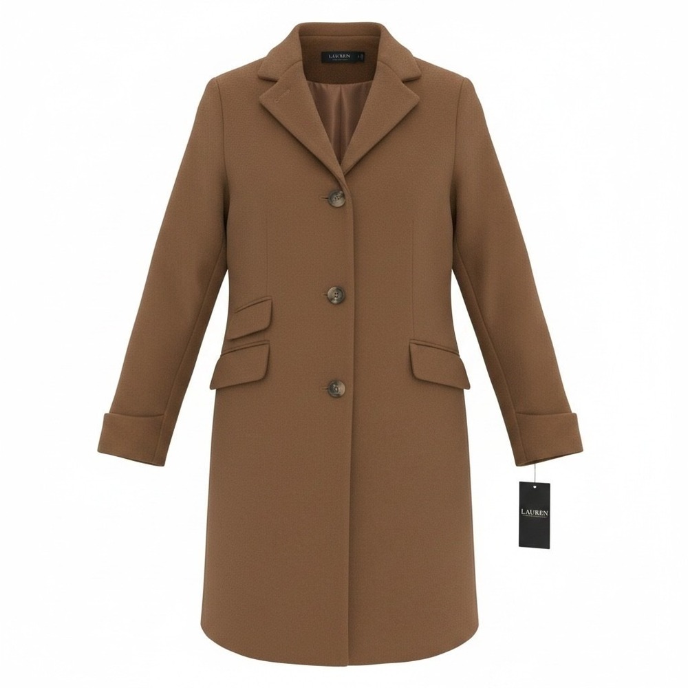 Lauren Ralph Lauren Womens Wool Blend Camel Brown Button Front Overcoat Size 8